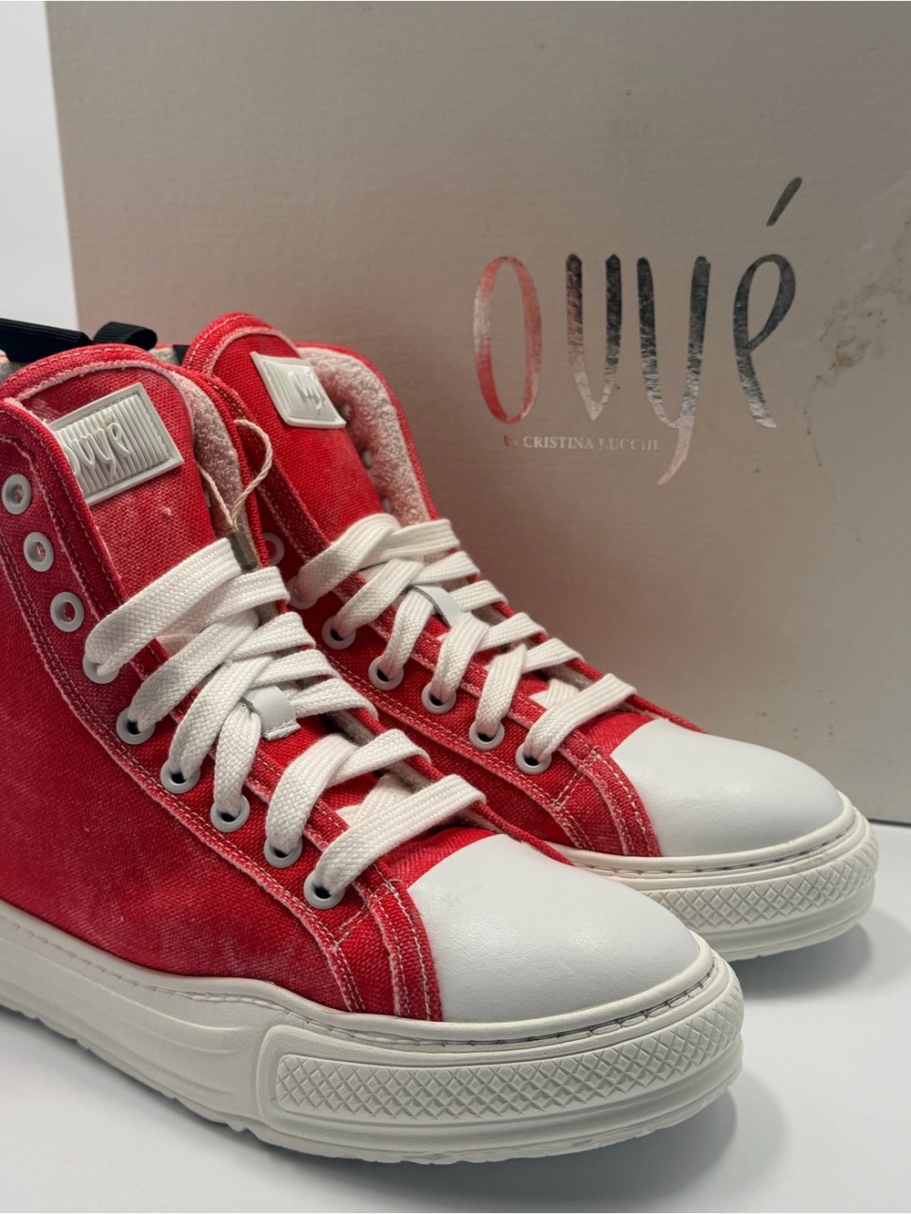 OVYÉ Red Canvas High-Top Sneakers with White Toe